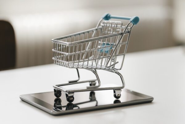 Empty mini shopping cart on tablet