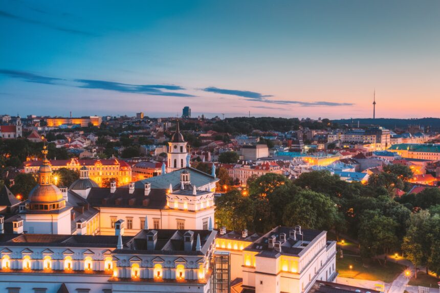 Vilnius, Lithuania, Eastern Europe. Aerial View Of Historic Center Cityscape In Blue Hour After