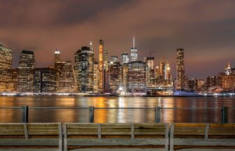 New York Cityscape beside the east river at the night time, USA downtown, Architecture and building