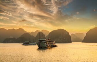 Sunset over the islands of Halong Bay in northern Vietnam.